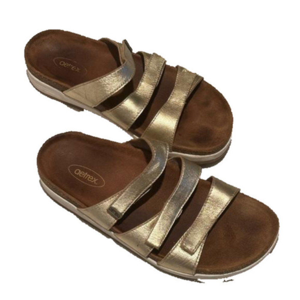 Aetrex Soft Leather Gold Sandal Slides with Velcro Straps 8